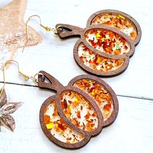 Petite Gold/Orange Vintage-Inspired Wooden Pumpkin Dangle Earrings